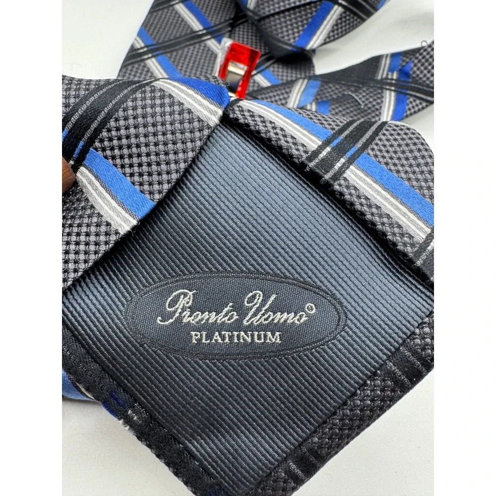 Pronto Uomo Platinum Mens Silk Tie Blue‎ Grey Black Plaid Hand Made Necktie